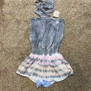 SURF GYPSY Size L Women blue/white tie dye beach cover up short jumpsuit romper